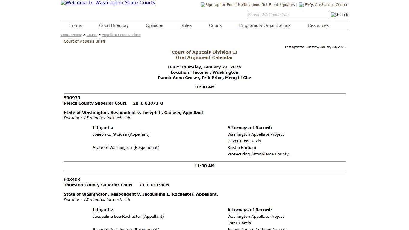 Washington State Courts - Appellate Court Dockets