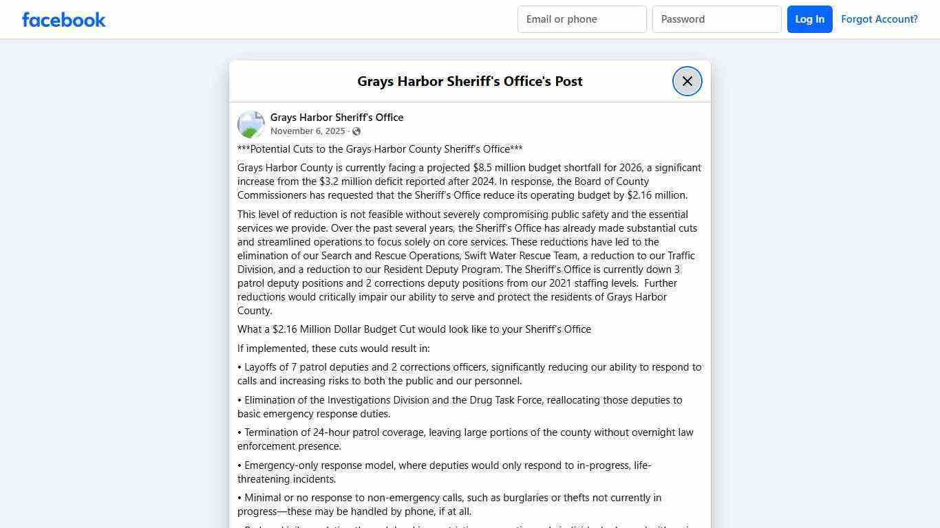 ***Potential Cuts to the... - Grays Harbor Sheriff's Office | Facebook