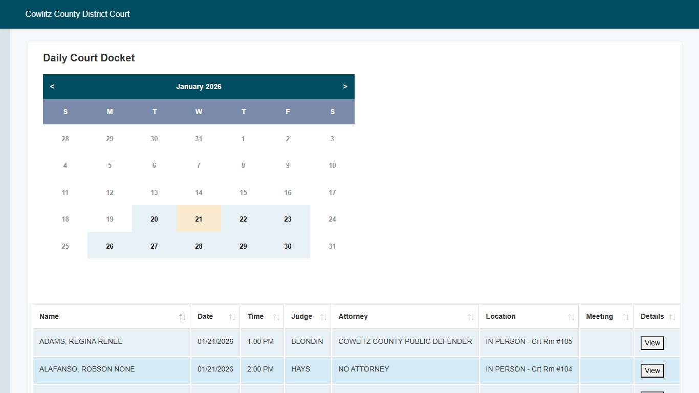 Daily Docket - Cowlitz County District Court